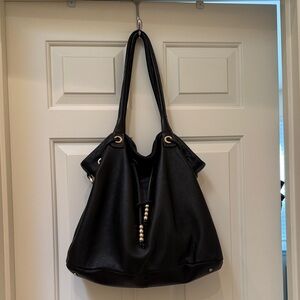 Charles David Black Leather Drawstring Tote Bag - Classic Everyday Shoulder Bag